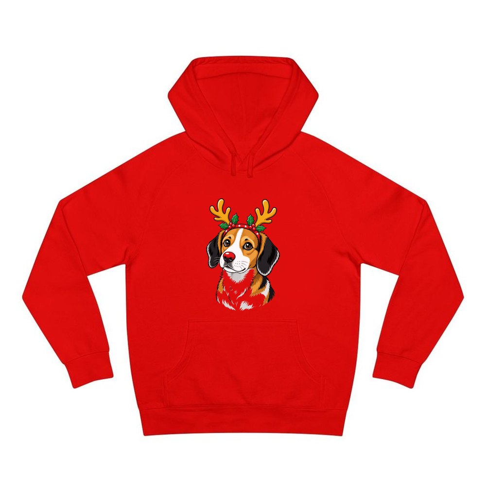 Dog in Reindeer Antlers personalised Christmas hoodie in red