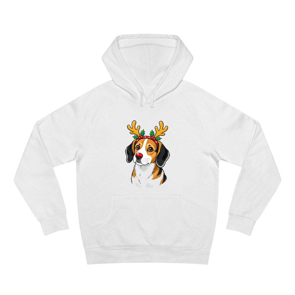 Dog in Reindeer Antlers personalised Christmas hoodie in white