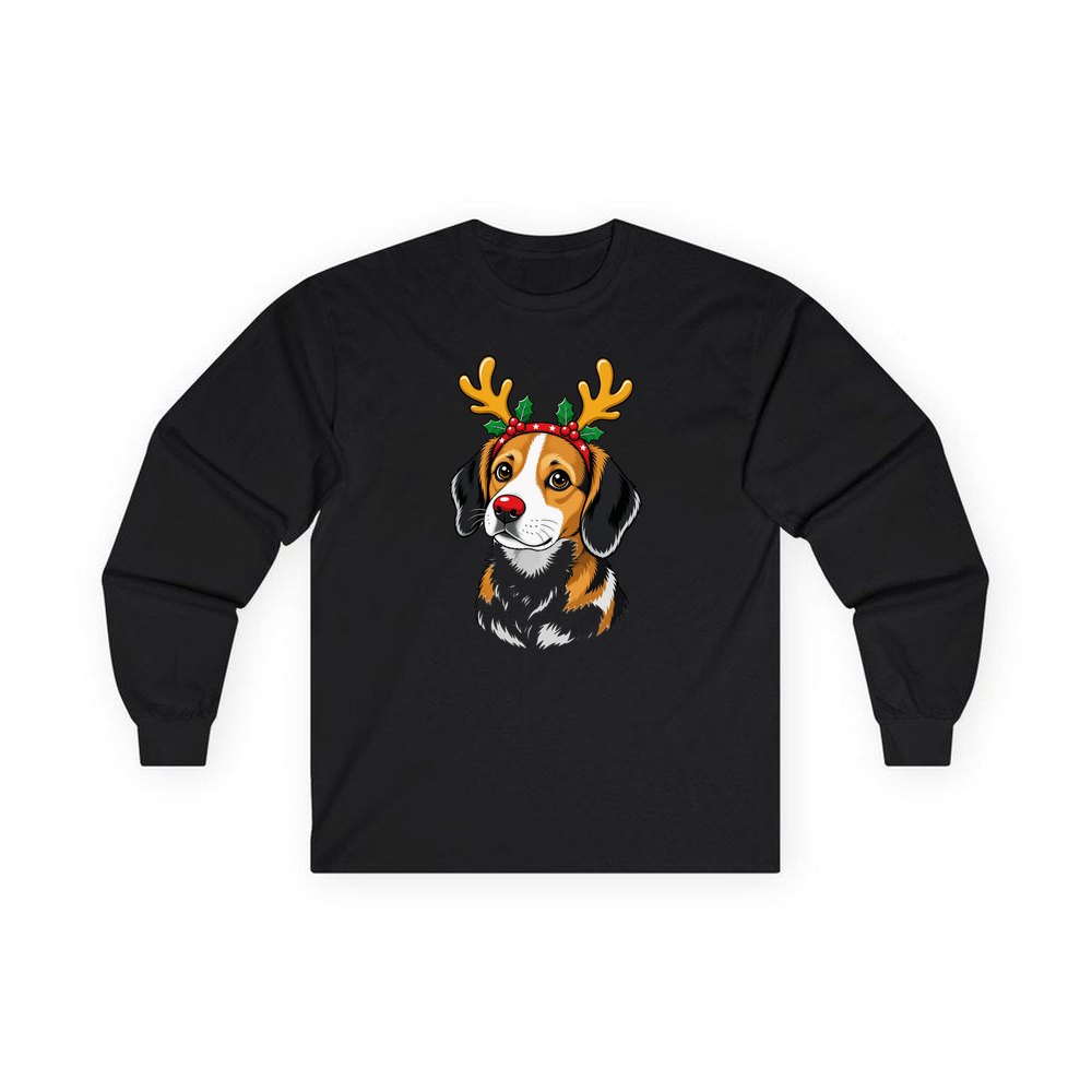Dog in Reindeer Antlers personalised long sleeve Christmas T-shirt in black