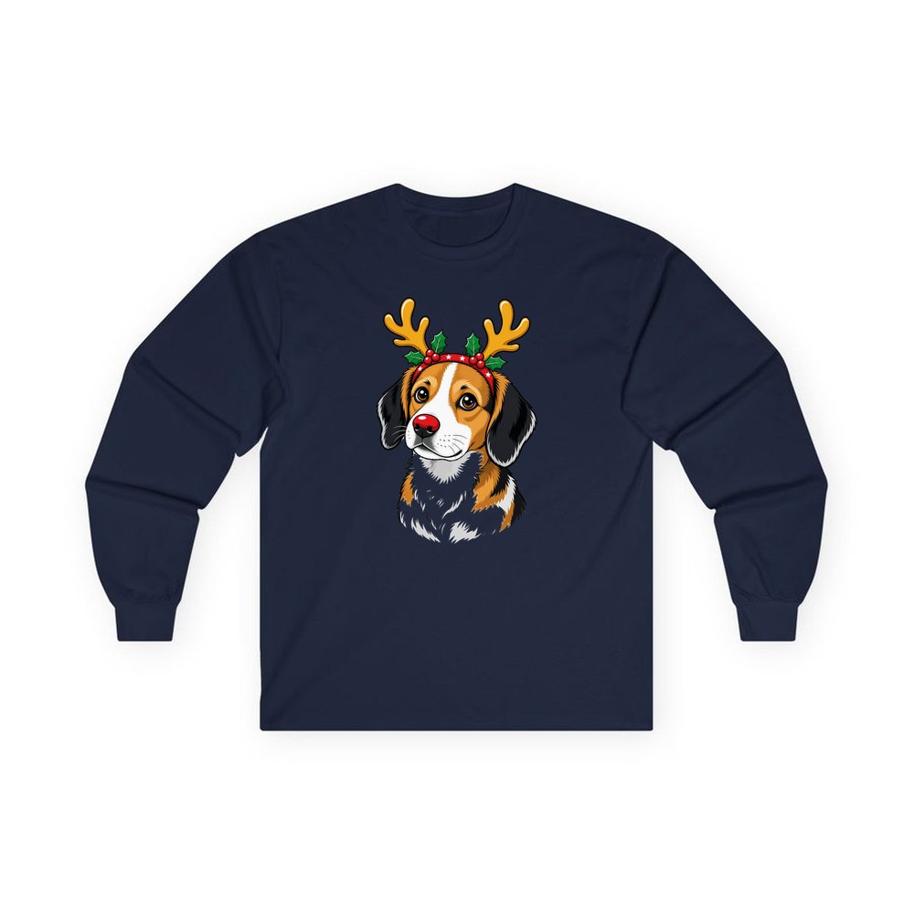 Dog in Reindeer Antlers personalised long sleeve Christmas T-shirt in navy