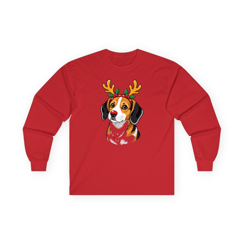 Dog in Reindeer Antlers personalised long sleeve Christmas T-shirt in red