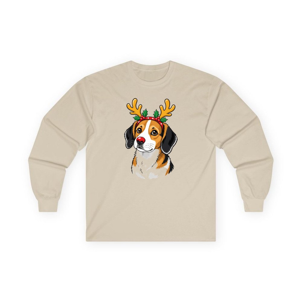 Dog in Reindeer Antlers personalised long sleeve Christmas T-shirt in sand