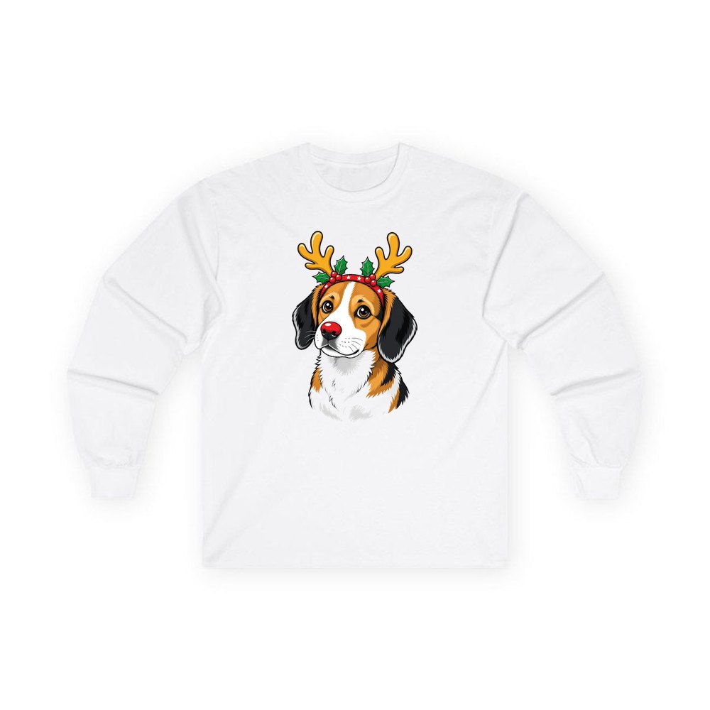 Dog in Reindeer Antlers personalised long sleeve Christmas T-shirt in white
