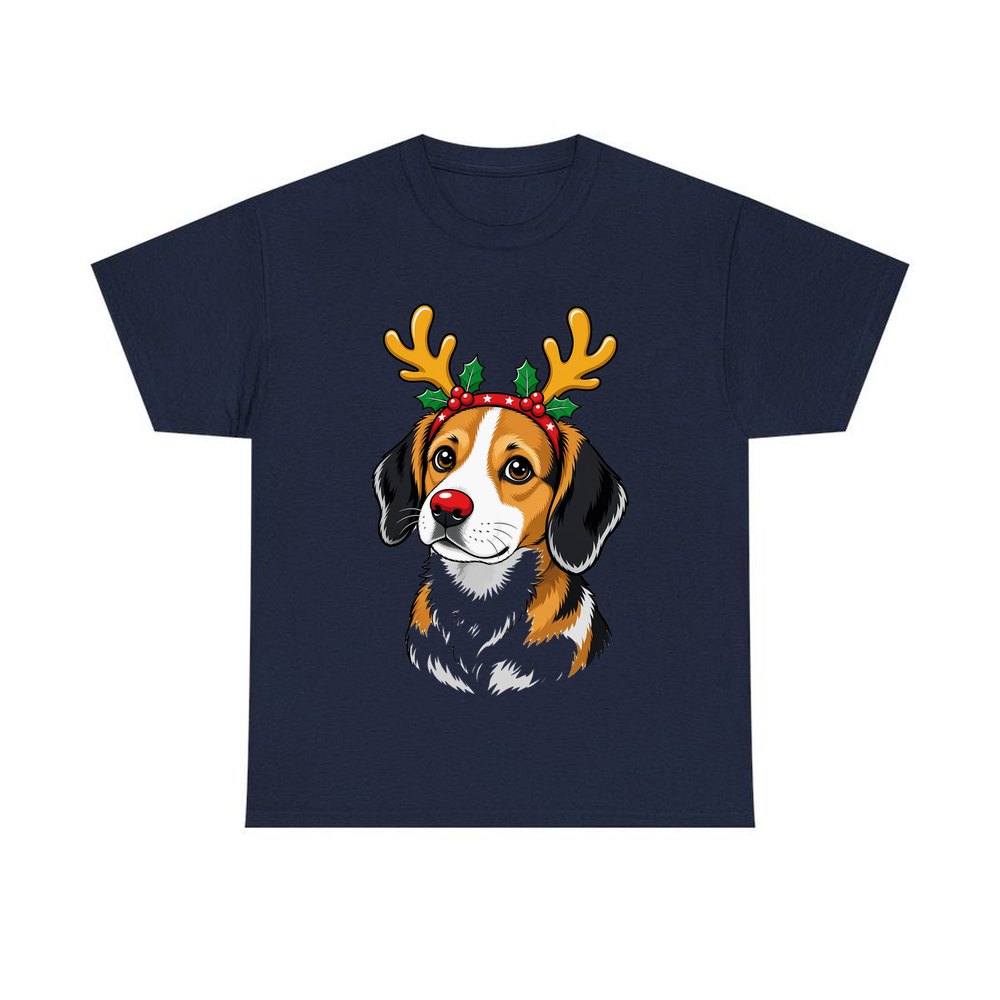 Dog in Reindeer Antlers personalised Christmas T-shirt in navy