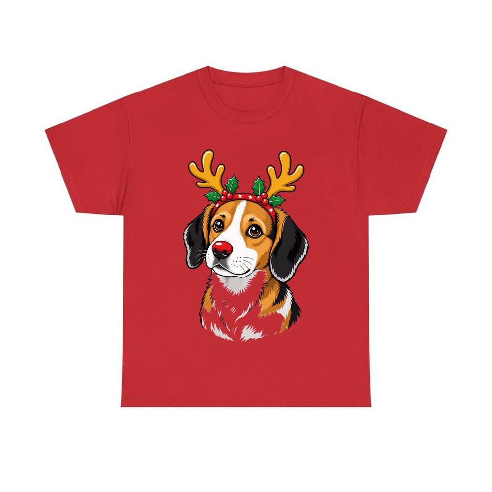 Dog in Reindeer Antlers personalised Christmas T-shirt in red
