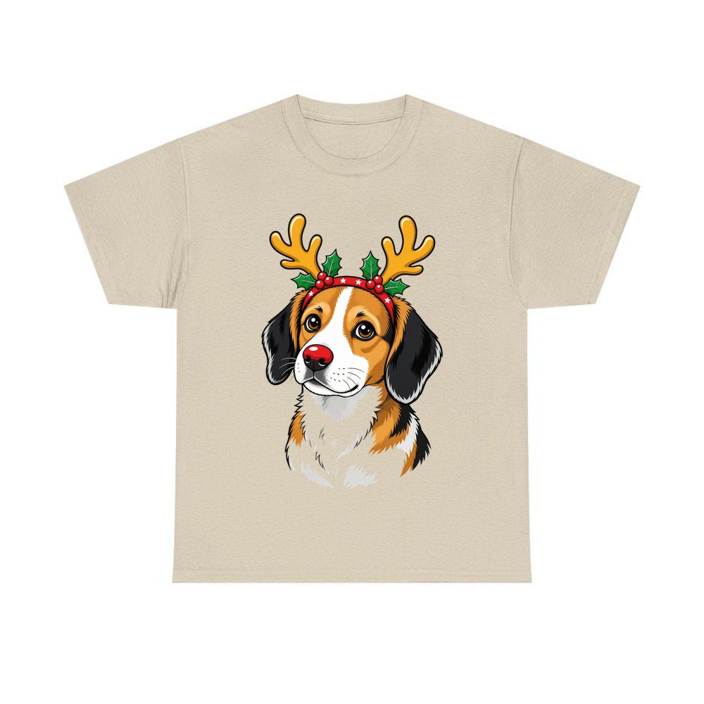 Dog in Reindeer Antlers personalised Christmas T-shirt in sand