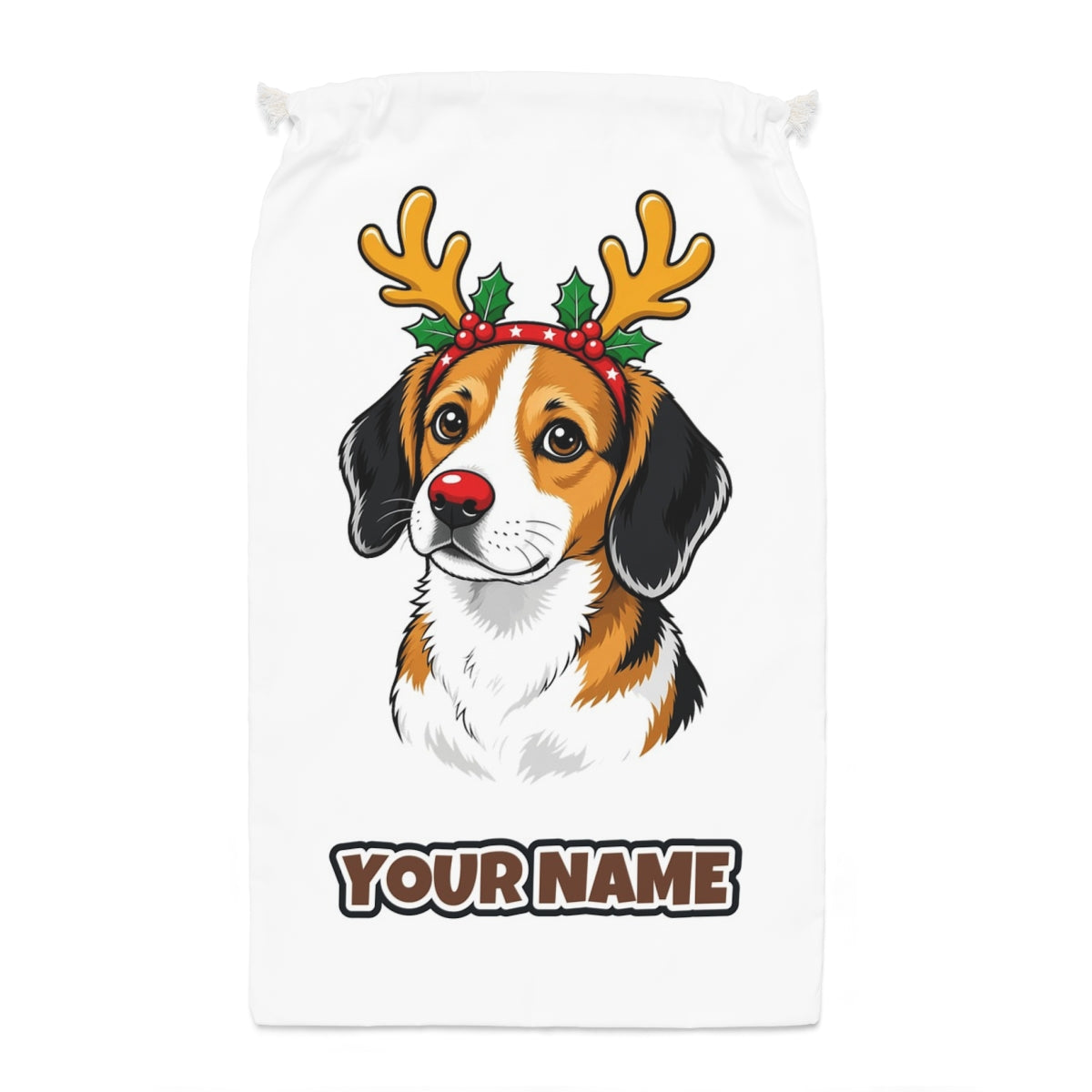 Dog in Reindeer Antlers Santa sack laid flat, showing the full print