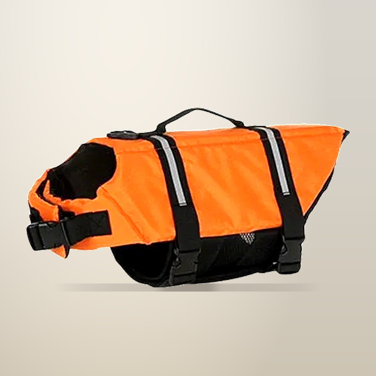 Dog Life Jacket Buoyancy Vest, Reflective Stripes, on a plain cream background