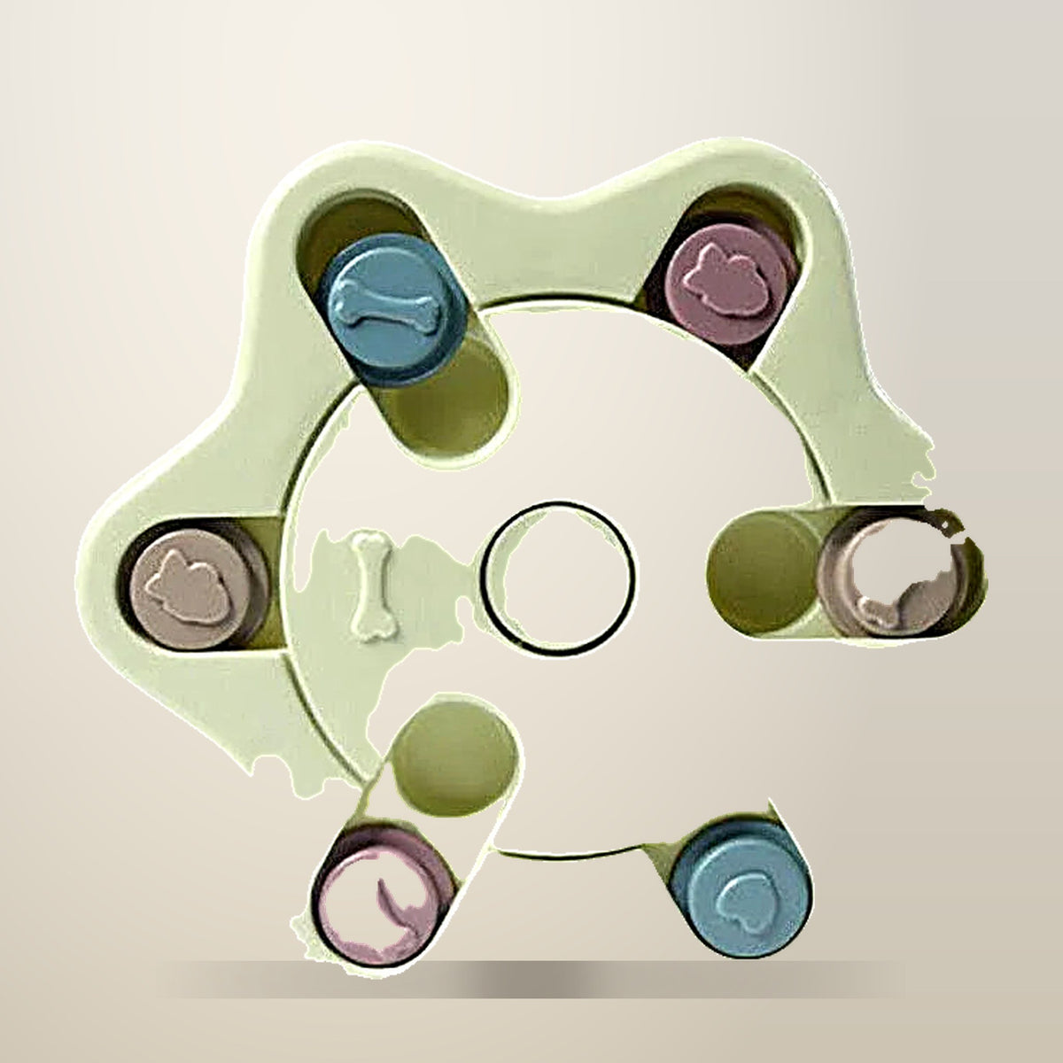 Dog Treat Dispenser Puzzle Toy, Blue, Green or Pink, on a plain cream background