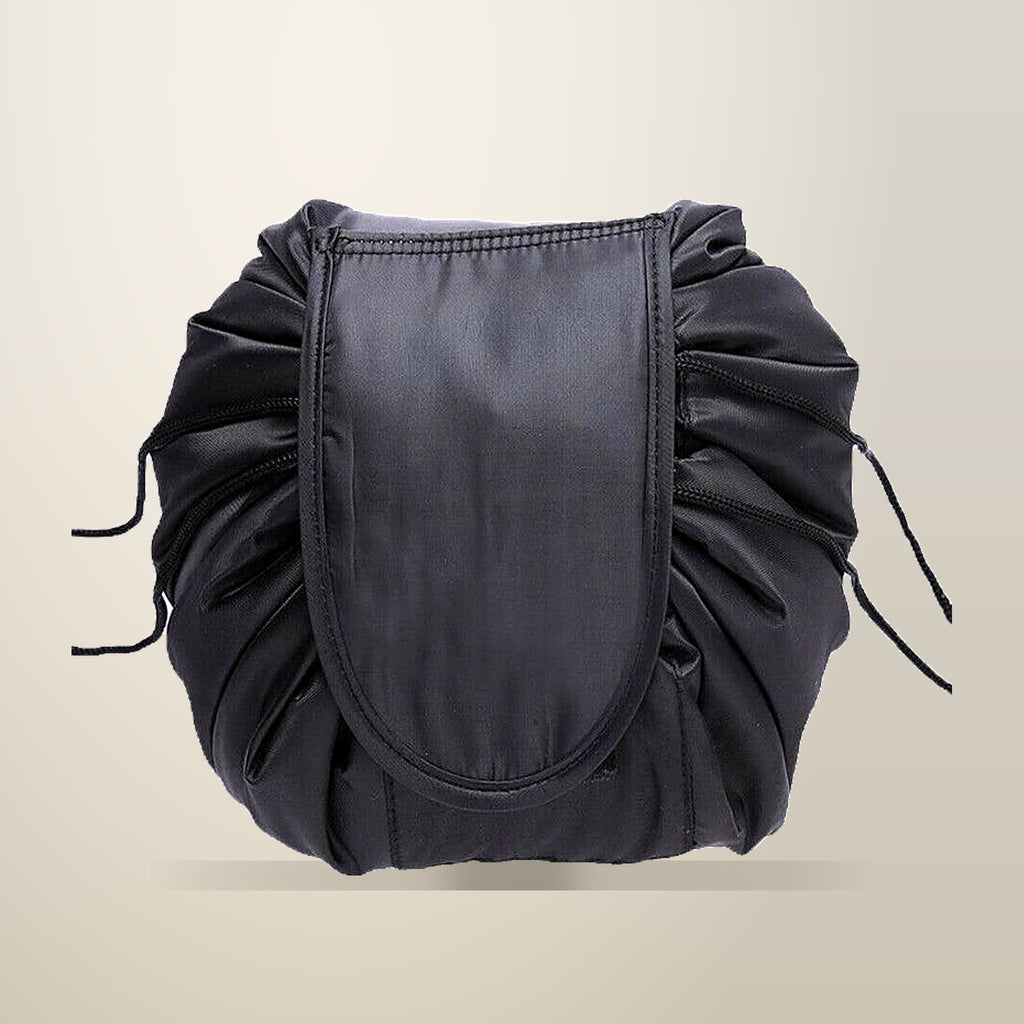 Drawstring Makeup Bag That Opens Flat, 53 x 53 cm, on a plain cream background