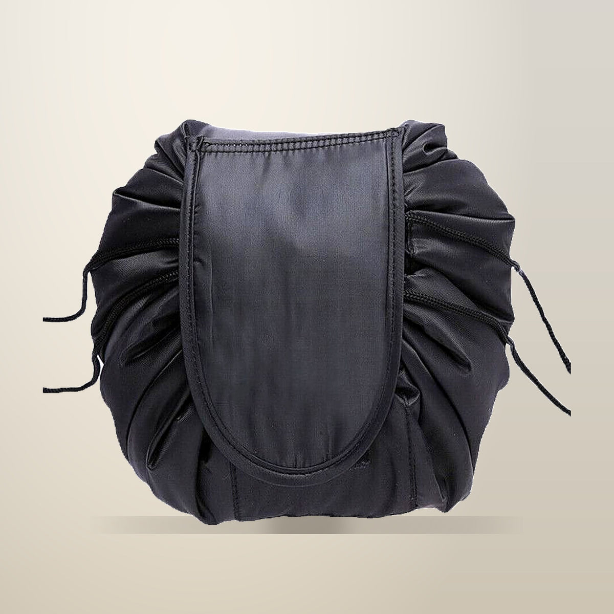 Drawstring Makeup Bag That Opens Flat, 53 x 53 cm, on a plain cream background