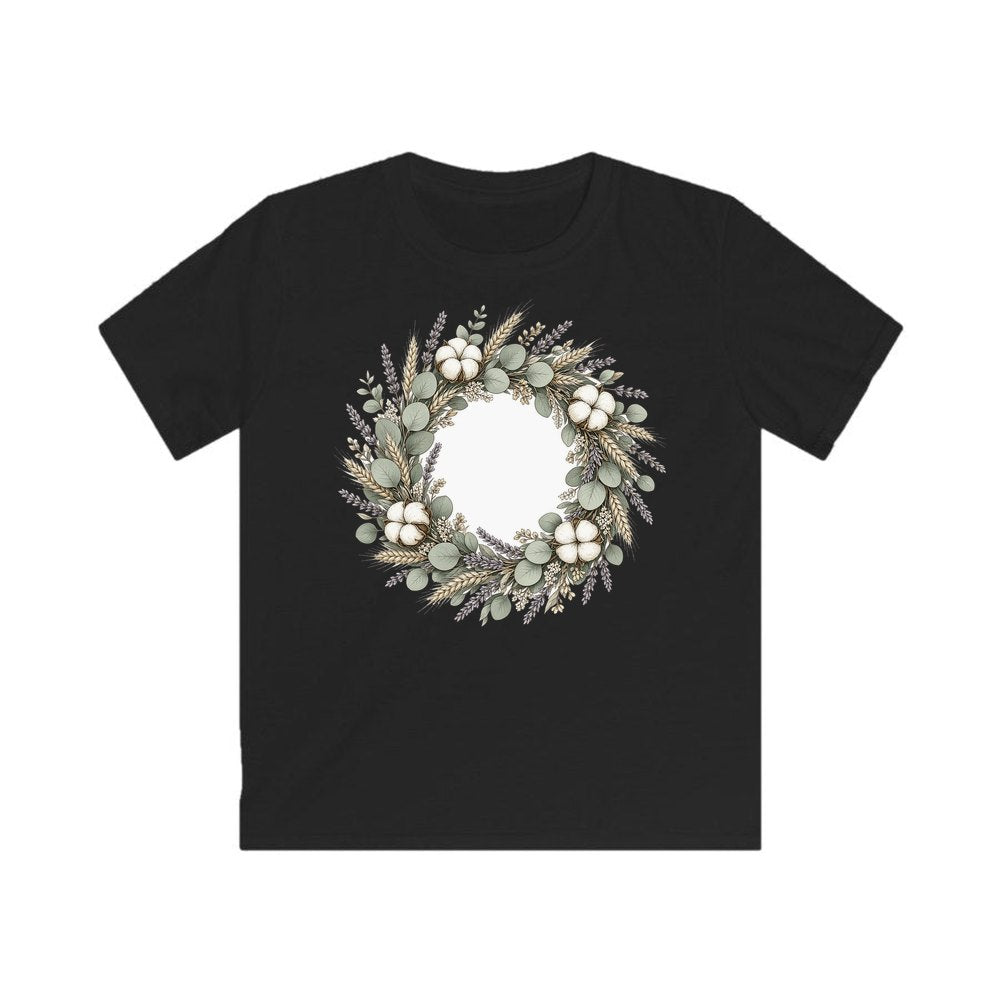 Dried Floral Wreath personalised kids Christmas tee in black