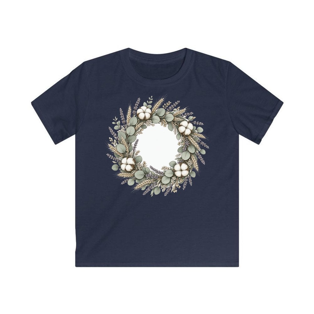 Dried Floral Wreath personalised kids Christmas tee in navy