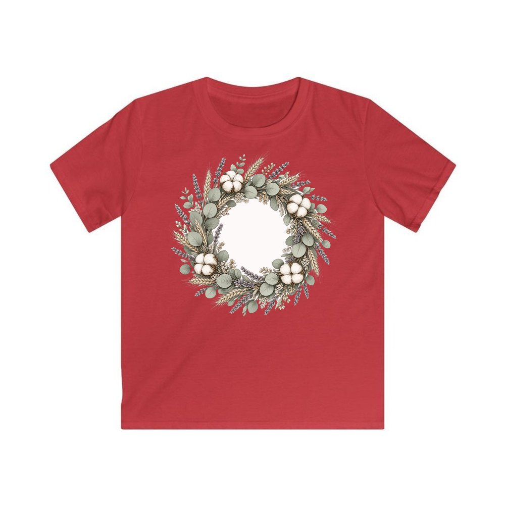 Dried Floral Wreath personalised kids Christmas tee in red