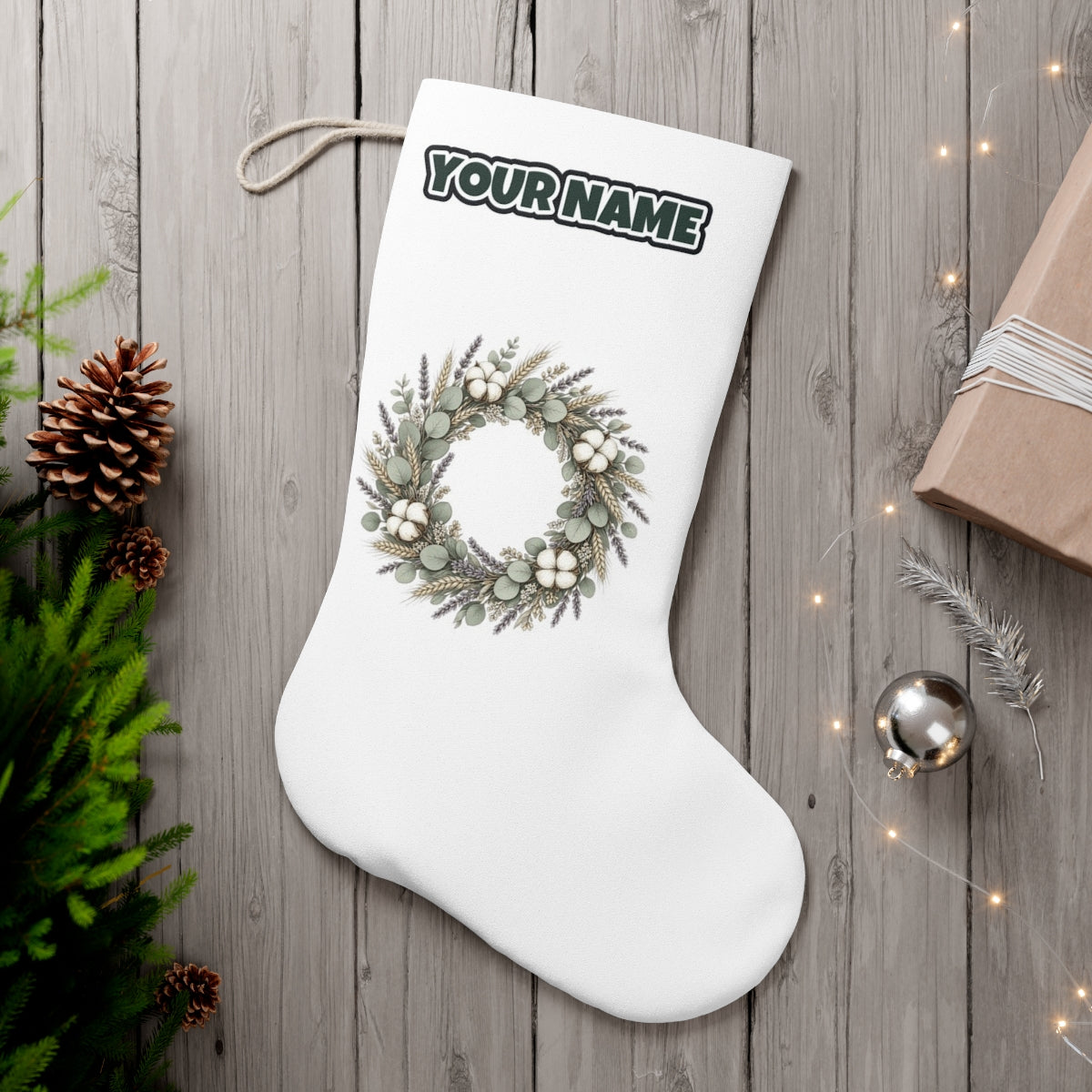 Dried Floral Wreath personalised Christmas stocking, white, with the name across the top