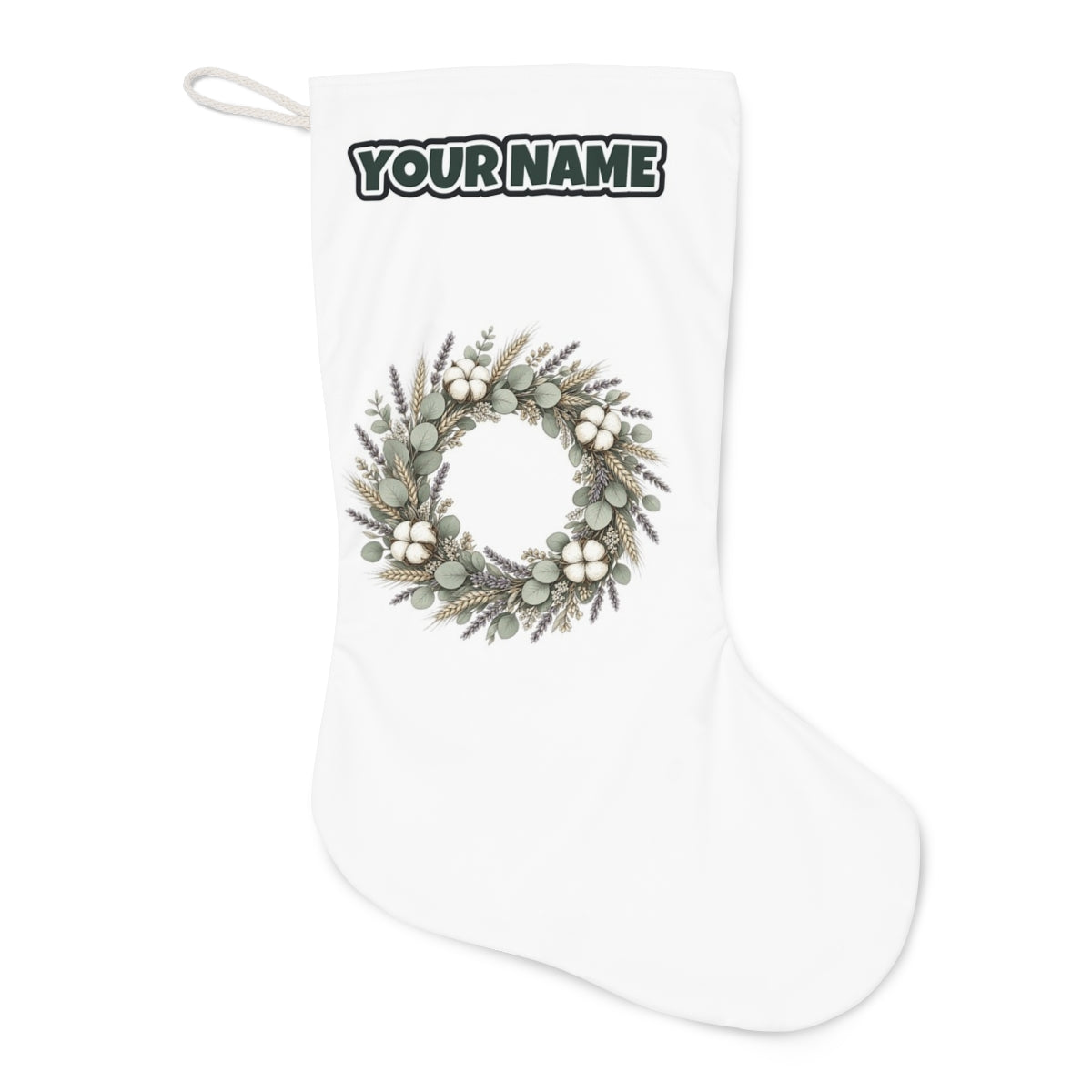 Dried Floral Wreath Christmas stocking laid flat, showing the full print