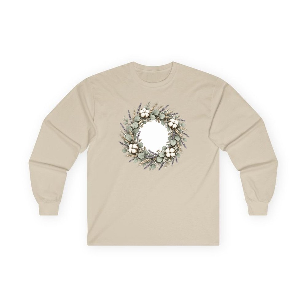 Dried Floral Wreath personalised long sleeve Christmas T-shirt in sand