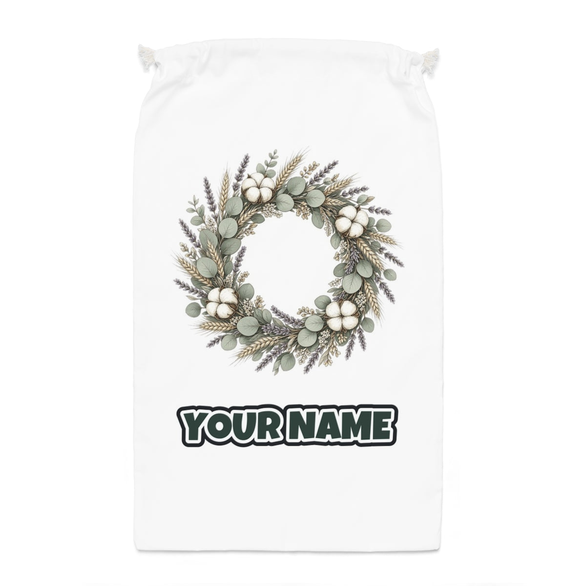 Dried Floral Wreath Santa sack laid flat, showing the full print