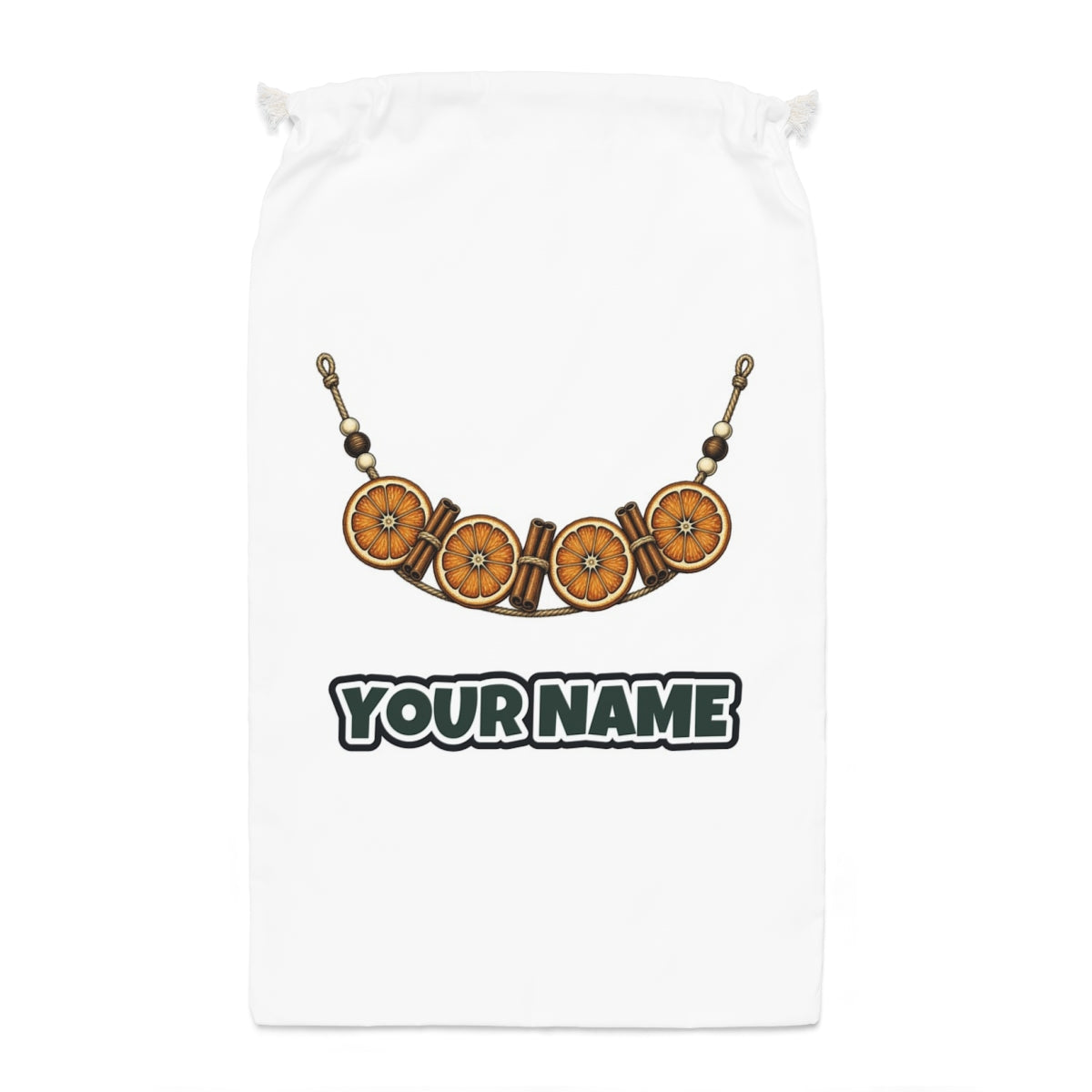 Dried Orange And Cinnamon Garland Santa sack laid flat, showing the full print