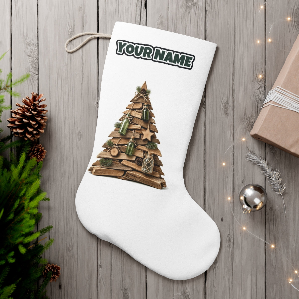 Driftwood Christmas Tree personalised Christmas stocking, white, with the name across the top
