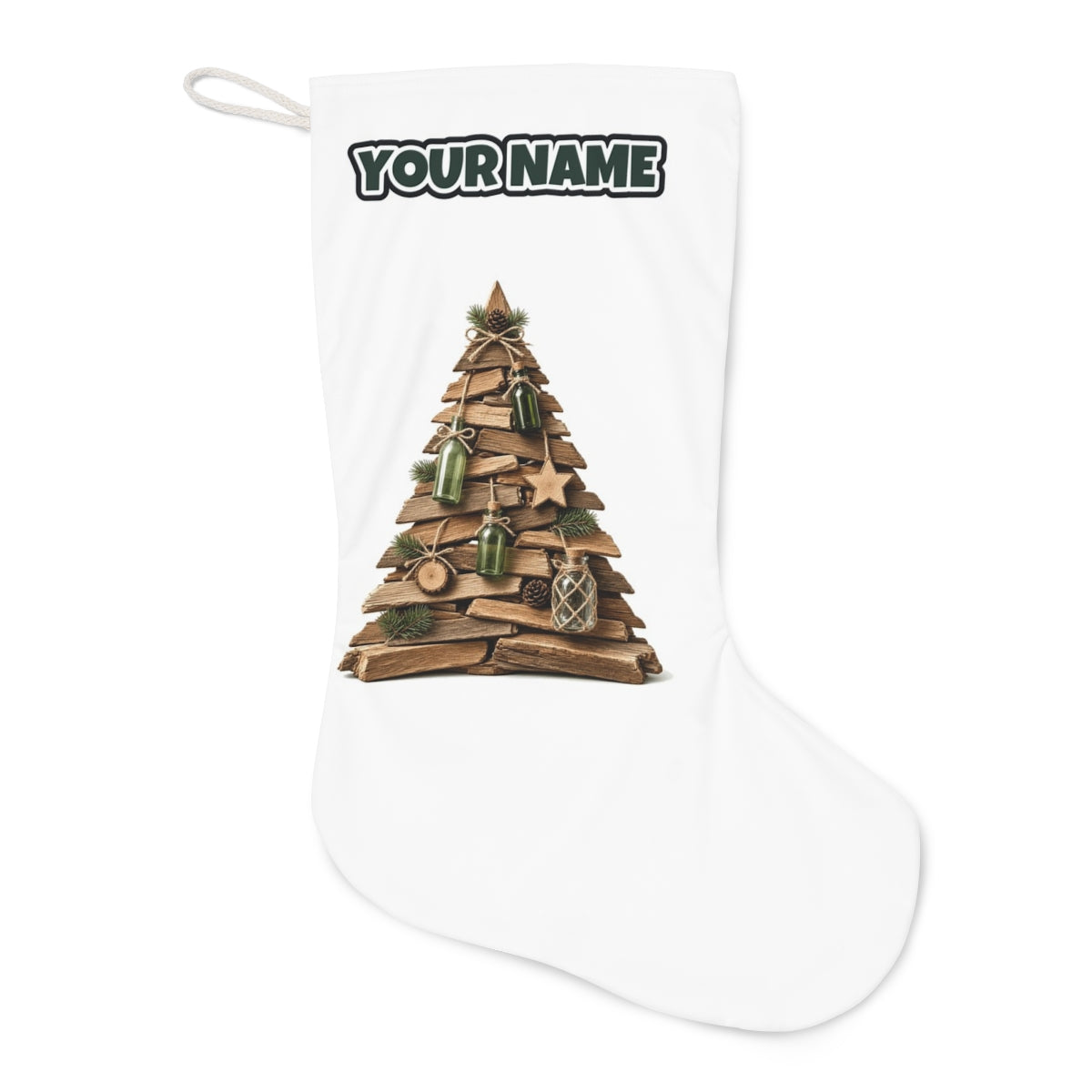 Driftwood Christmas Tree Christmas stocking laid flat, showing the full print