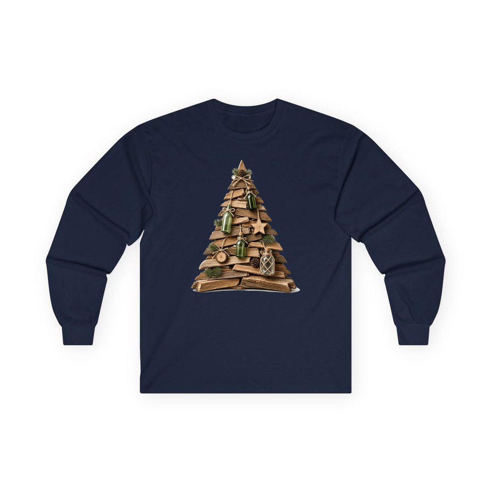 Driftwood Christmas Tree personalised long sleeve Christmas T-shirt in navy