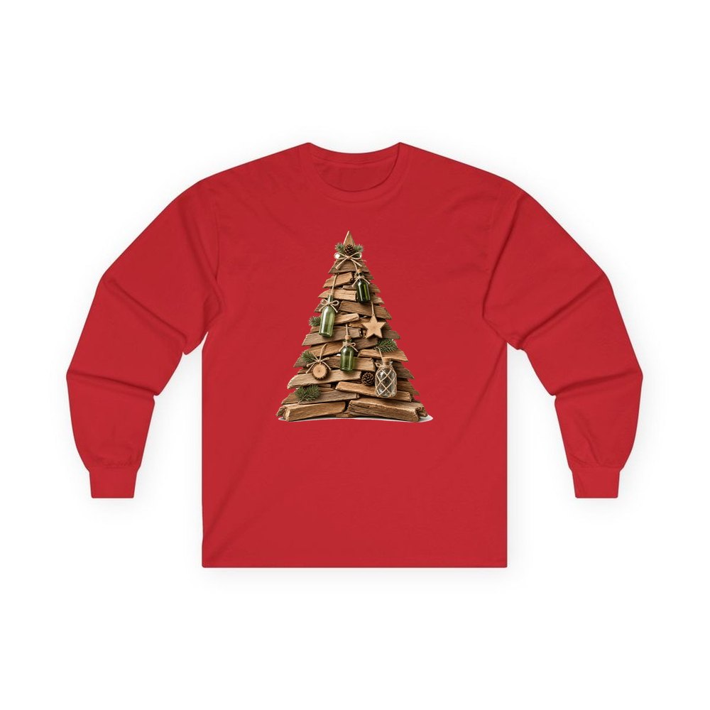 Driftwood Christmas Tree personalised long sleeve Christmas T-shirt in red