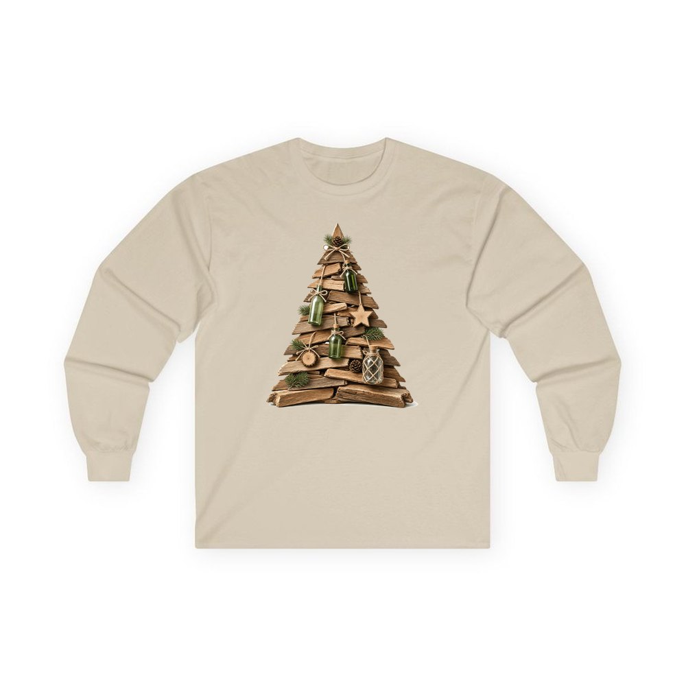 Driftwood Christmas Tree personalised long sleeve Christmas T-shirt in sand