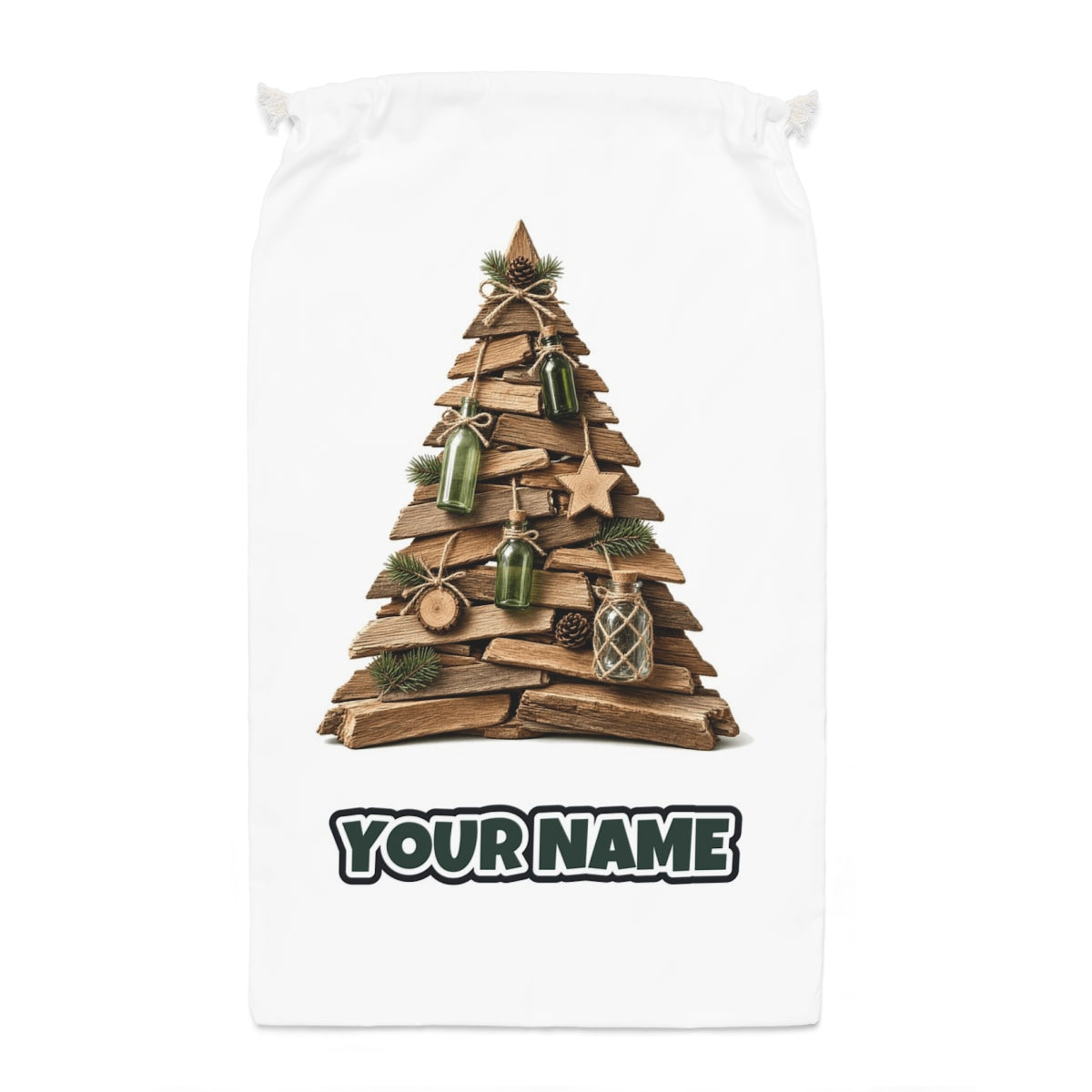 Driftwood Christmas Tree Santa sack laid flat, showing the full print