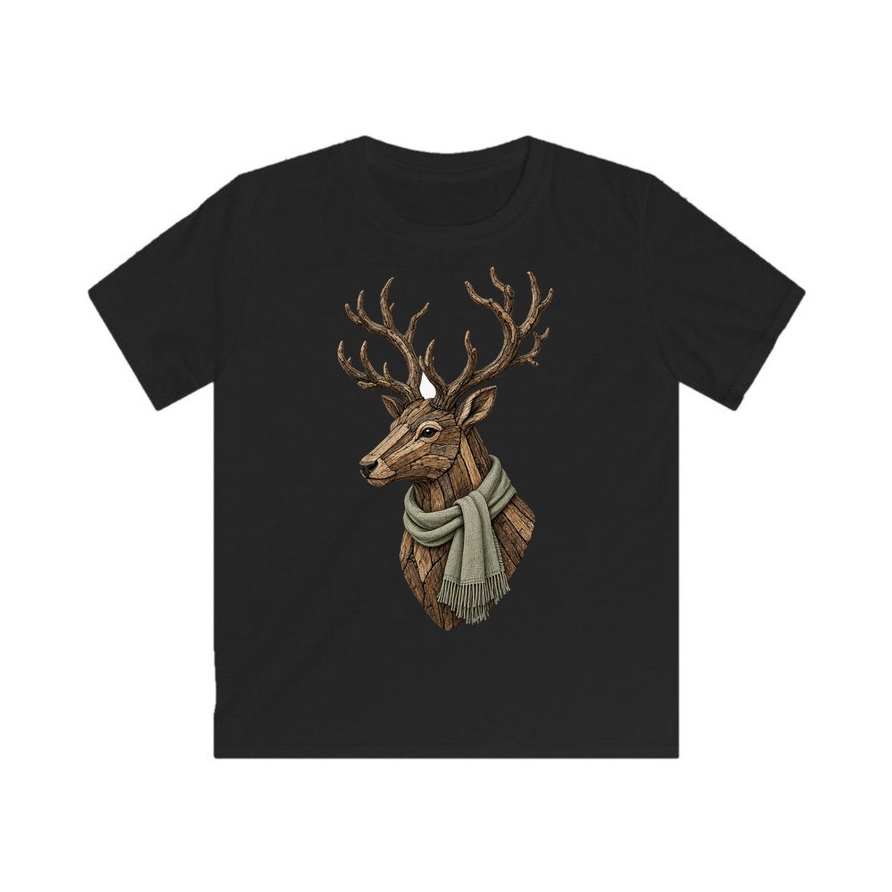 Driftwood Stag Head personalised kids Christmas tee in black