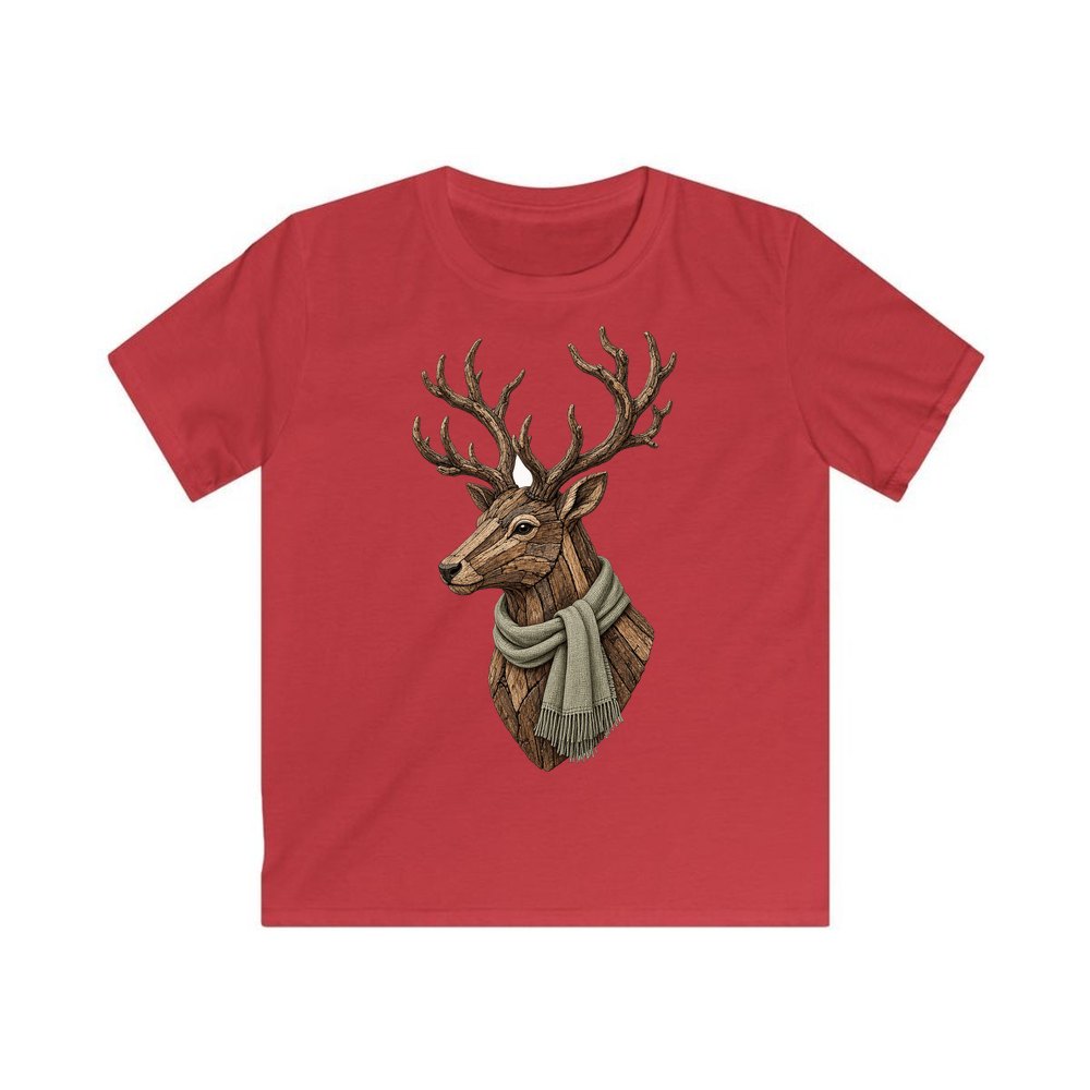 Driftwood Stag Head personalised kids Christmas tee in red