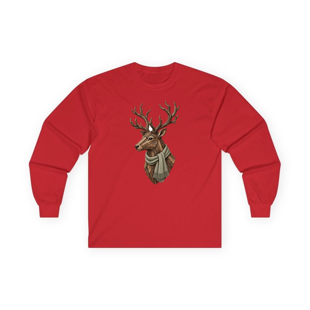 Driftwood Stag Head personalised long sleeve Christmas T-shirt in red