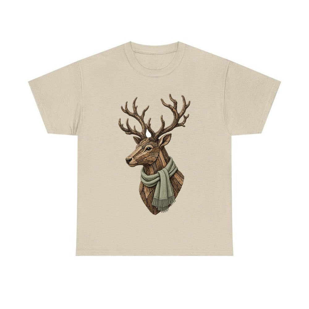 Driftwood Stag Head personalised Christmas T-shirt in sand