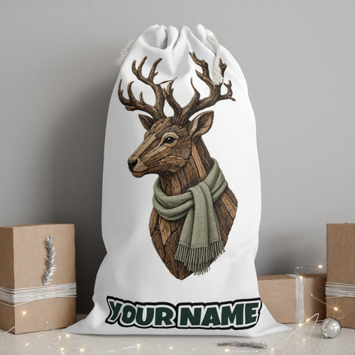 Driftwood Stag Head personalised Santa sack, white, with the name printed under the artwork