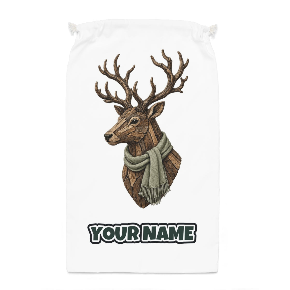 Driftwood Stag Head Santa sack laid flat, showing the full print