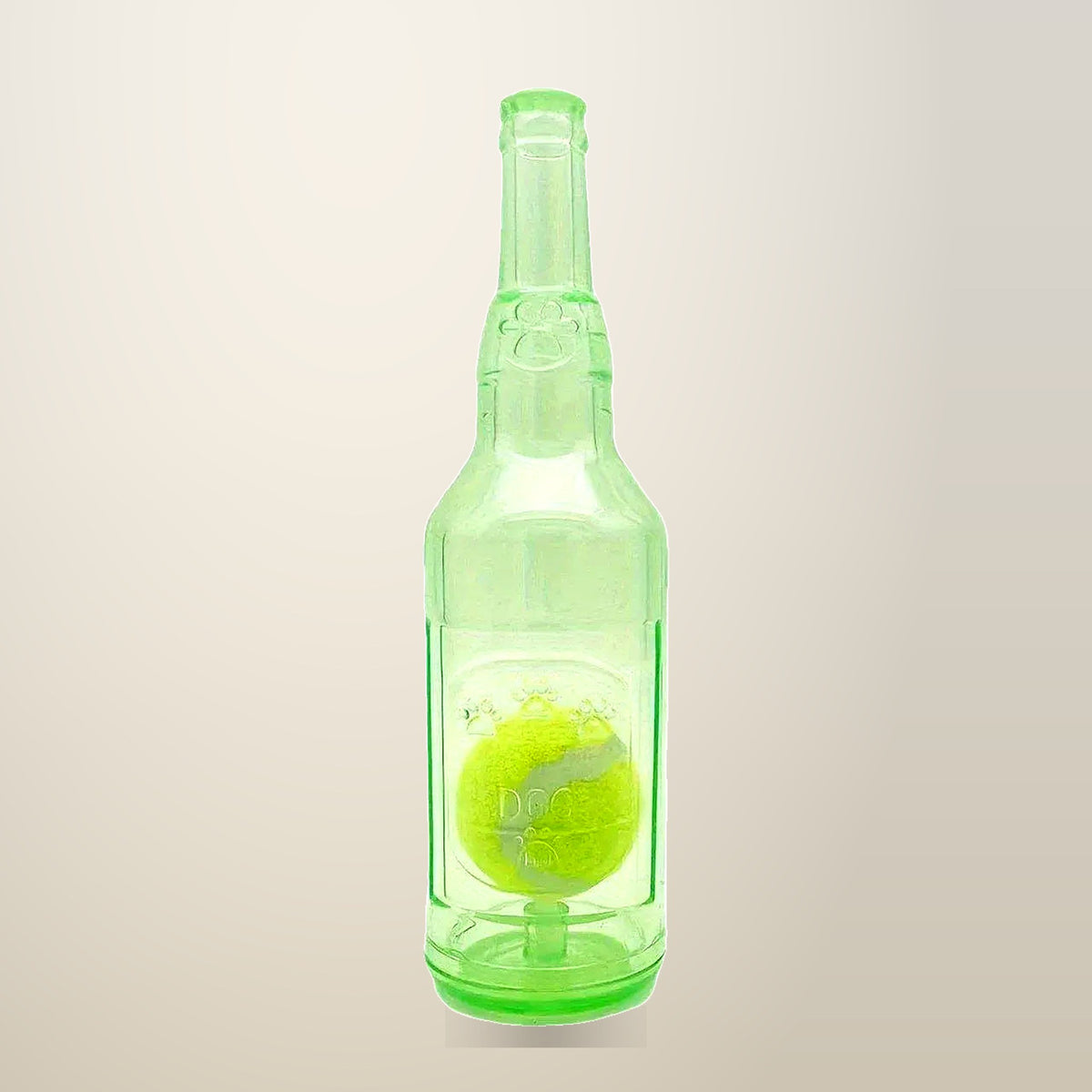 Wine Bottle Tennis Ball Dog Chew Toy, Large or Small, on a plain cream background