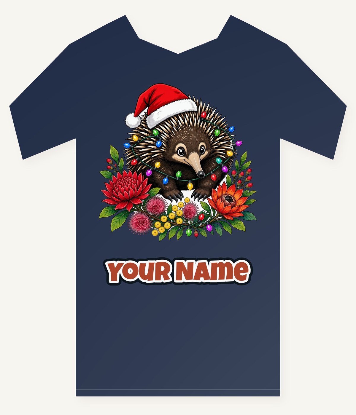 Echidna in Christmas Lights Personalised Kids Tee and Baby Bodysuit