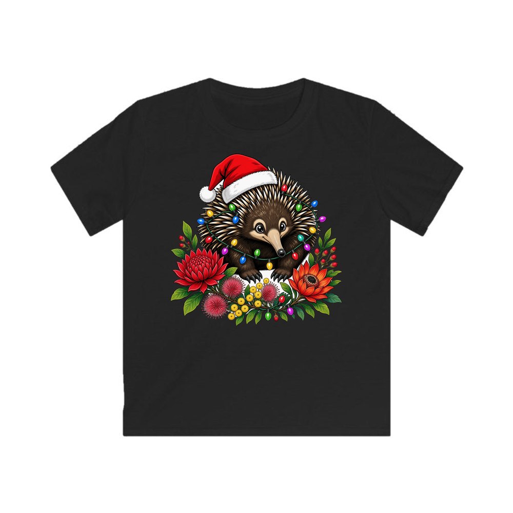 Echidna in Christmas Lights personalised kids Christmas tee in black