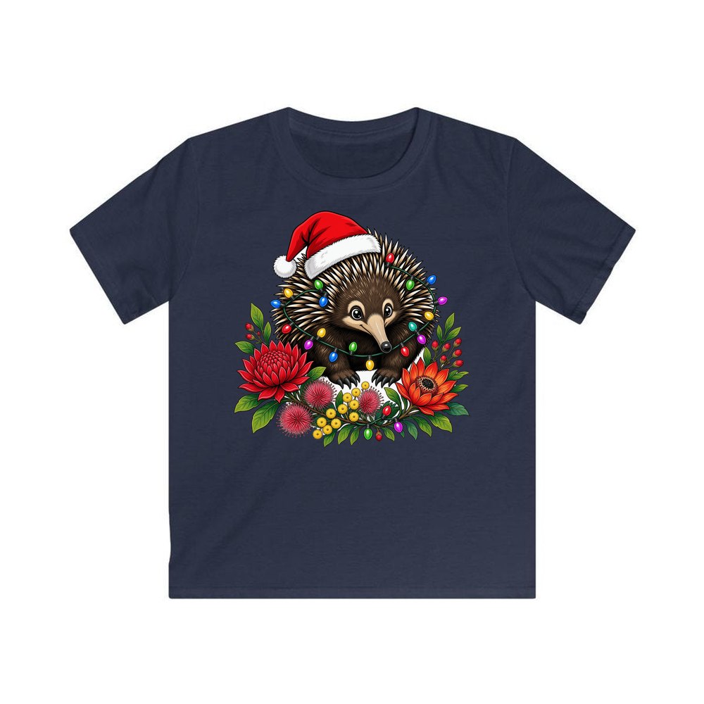 Echidna in Christmas Lights personalised kids Christmas tee in navy