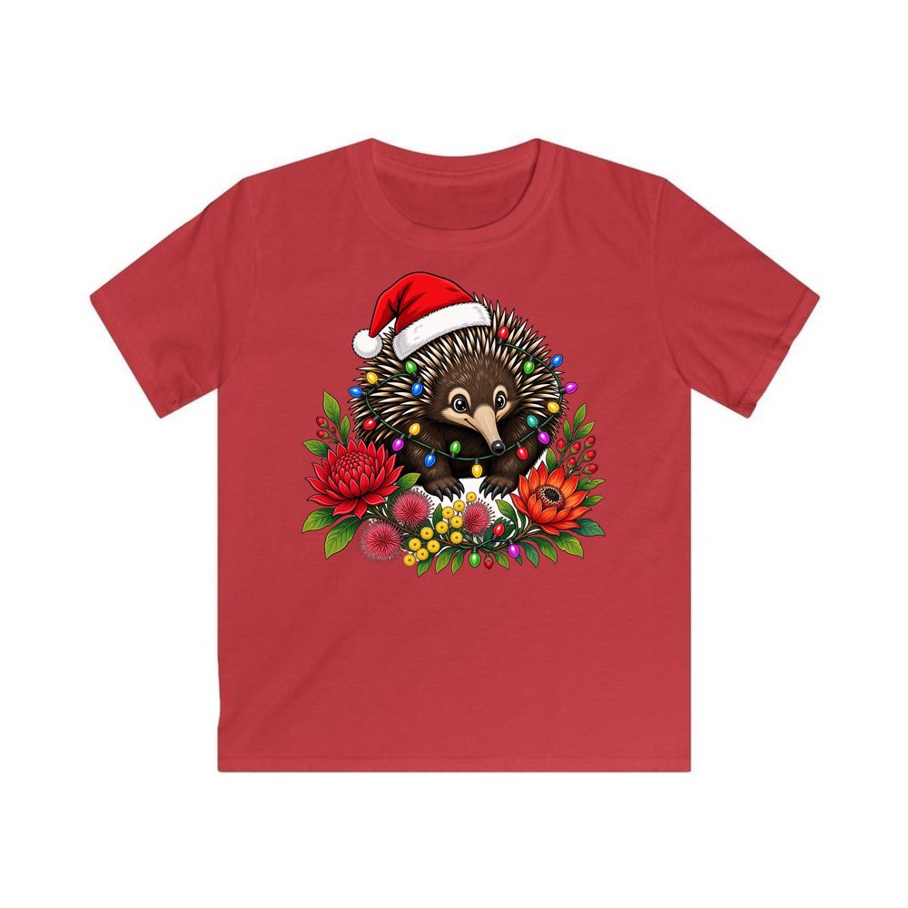 Echidna in Christmas Lights personalised kids Christmas tee in red