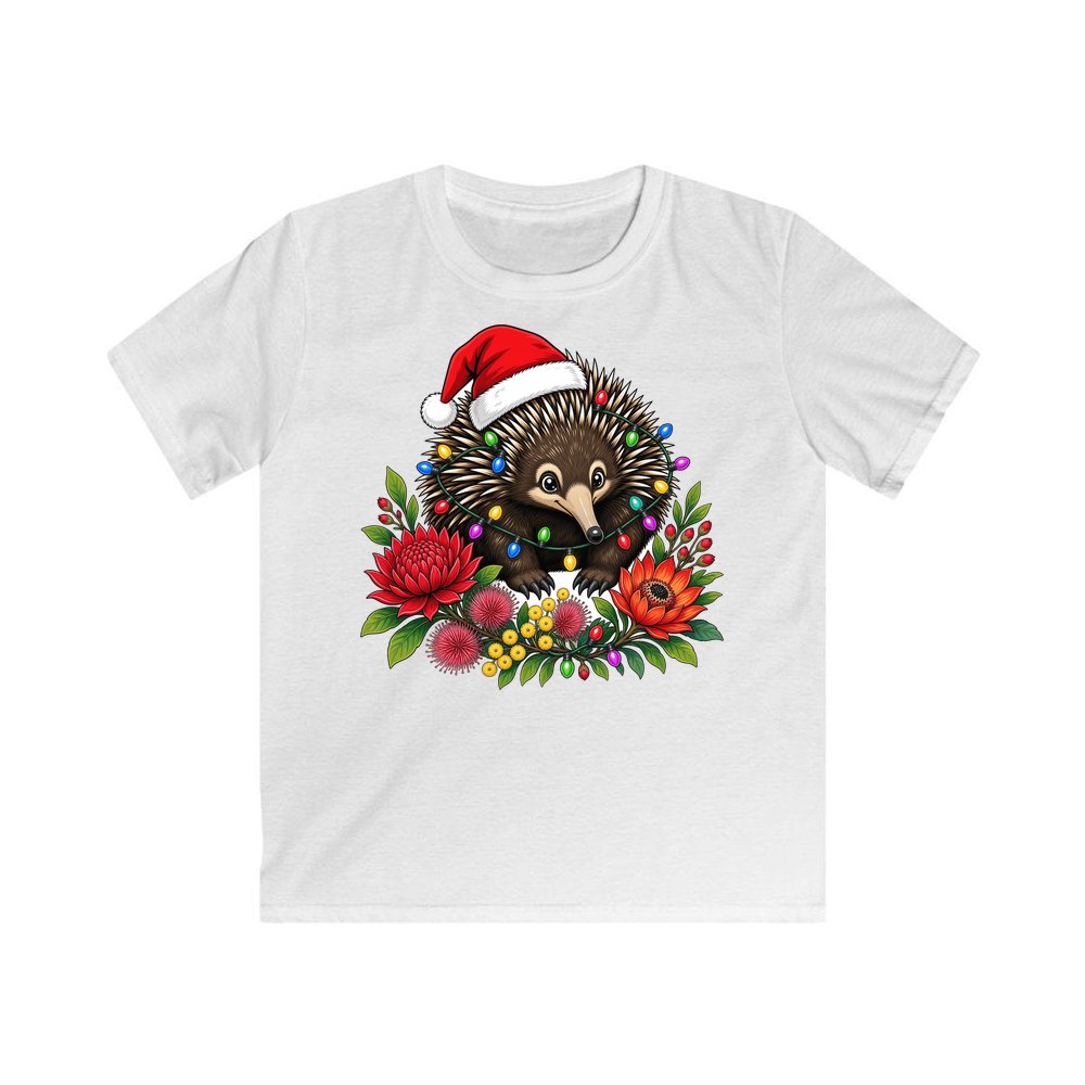 Echidna in Christmas Lights personalised kids Christmas tee in white