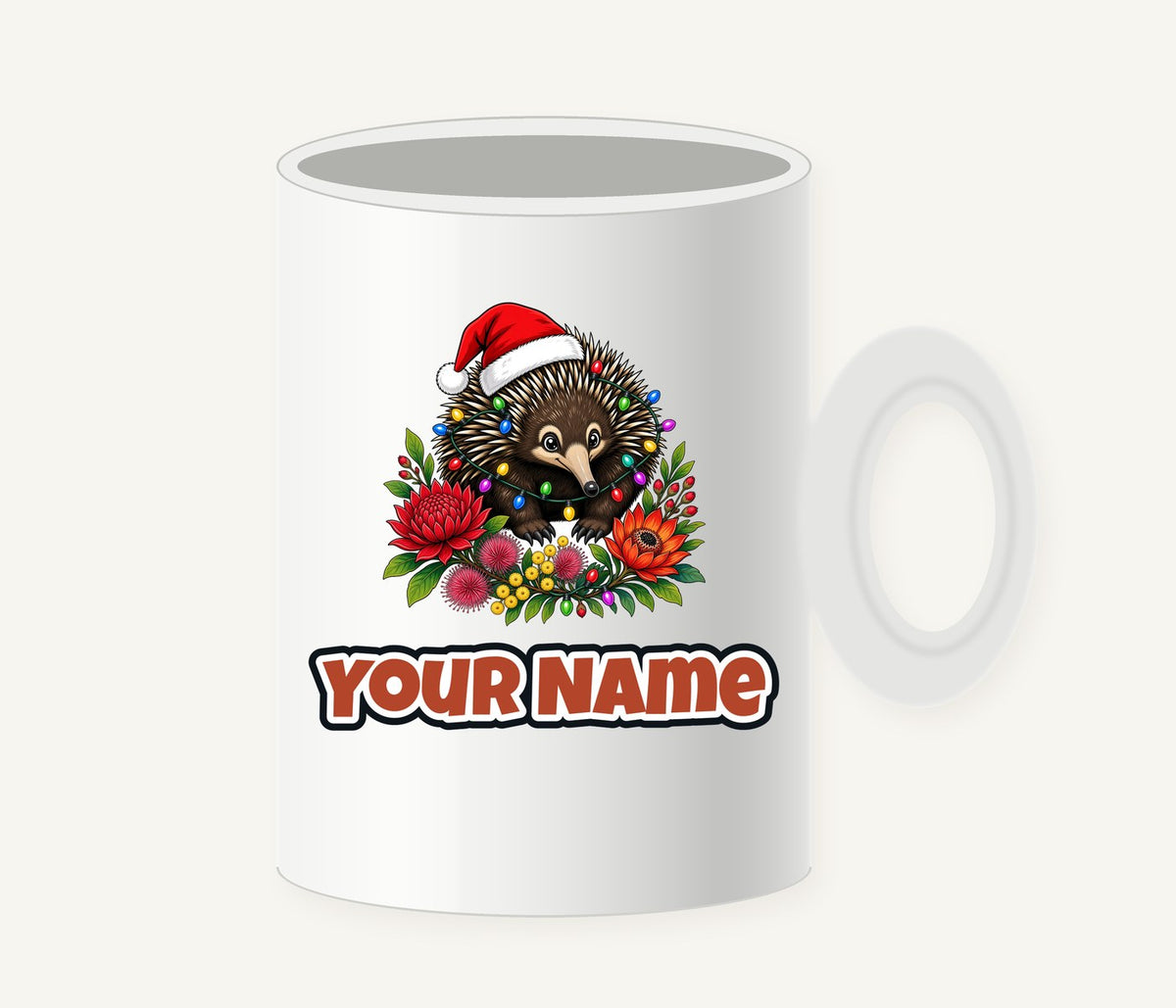 Echidna in Christmas Lights Personalised Christmas Mug