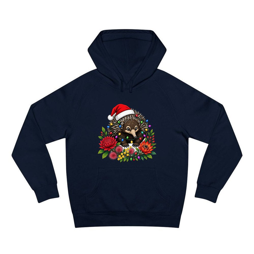 Echidna in Christmas Lights personalised Christmas hoodie in navy