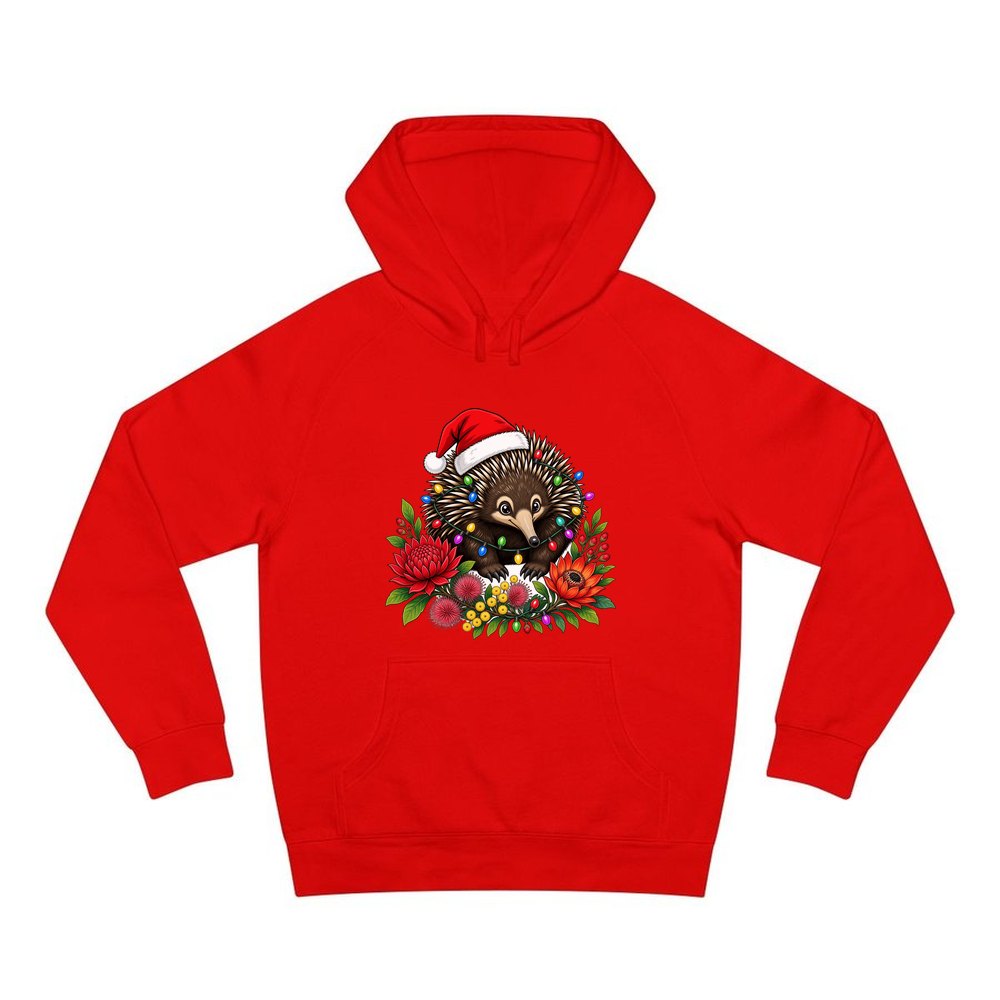 Echidna in Christmas Lights personalised Christmas hoodie in red
