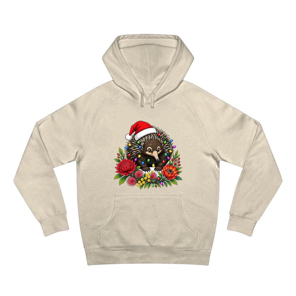 Echidna in Christmas Lights personalised Christmas hoodie in sand