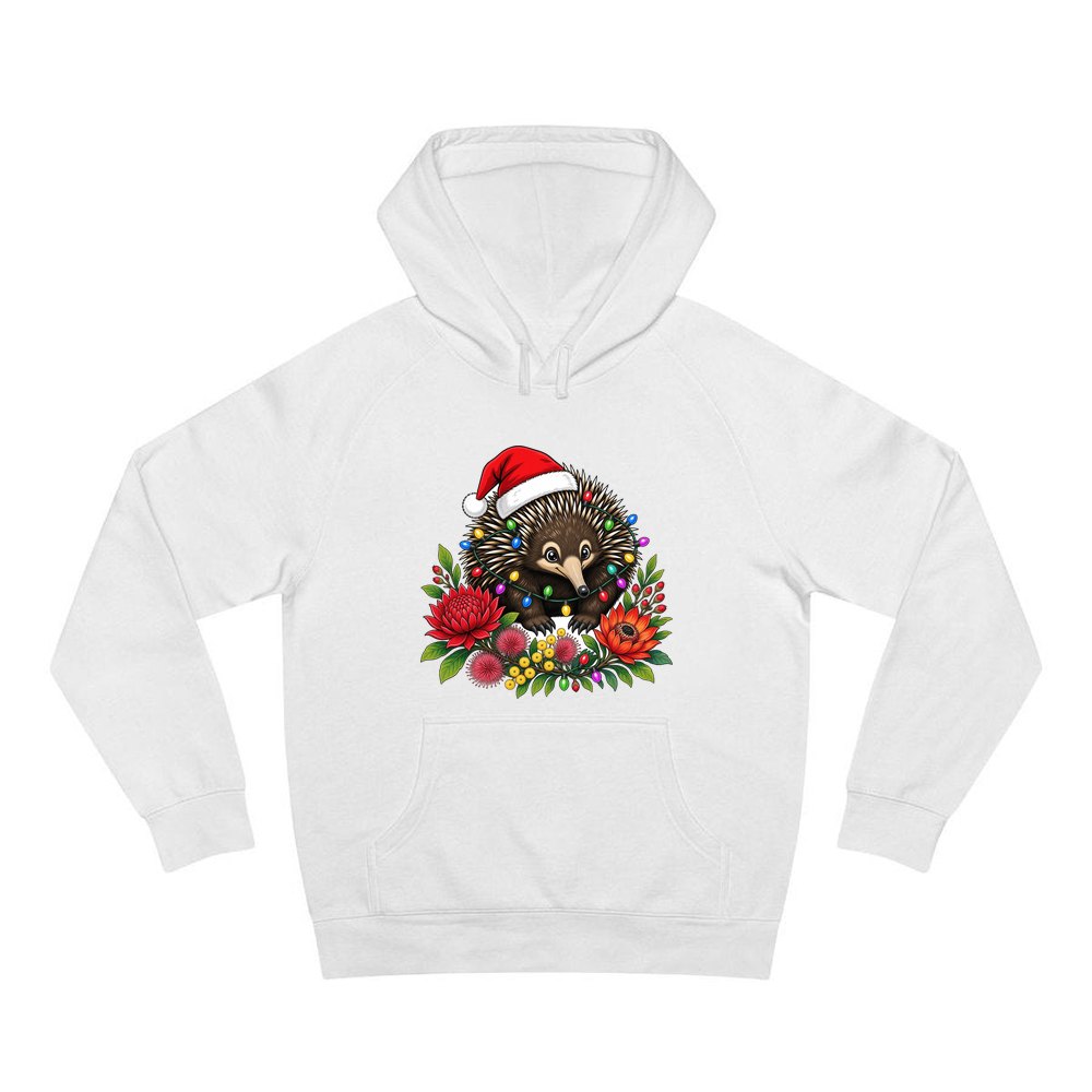 Echidna in Christmas Lights personalised Christmas hoodie in white