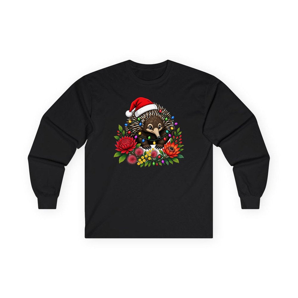Echidna in Christmas Lights personalised long sleeve Christmas T-shirt in black