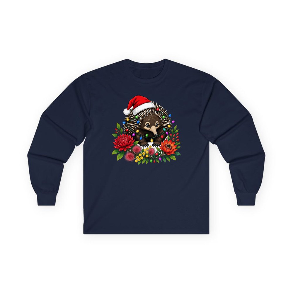 Echidna in Christmas Lights personalised long sleeve Christmas T-shirt in navy