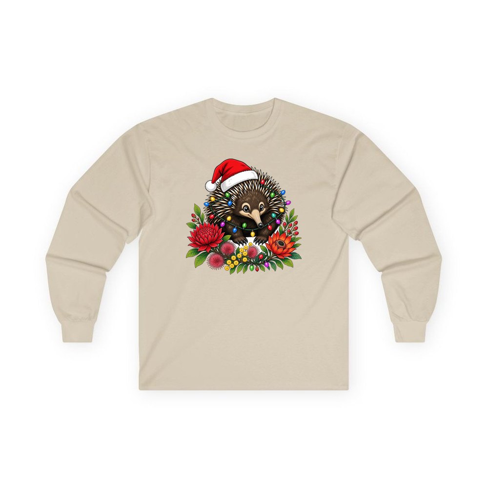 Echidna in Christmas Lights personalised long sleeve Christmas T-shirt in sand