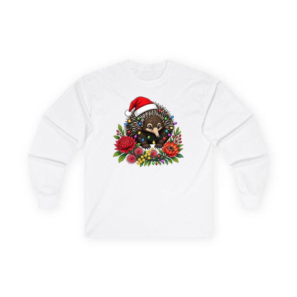 Echidna in Christmas Lights personalised long sleeve Christmas T-shirt in white